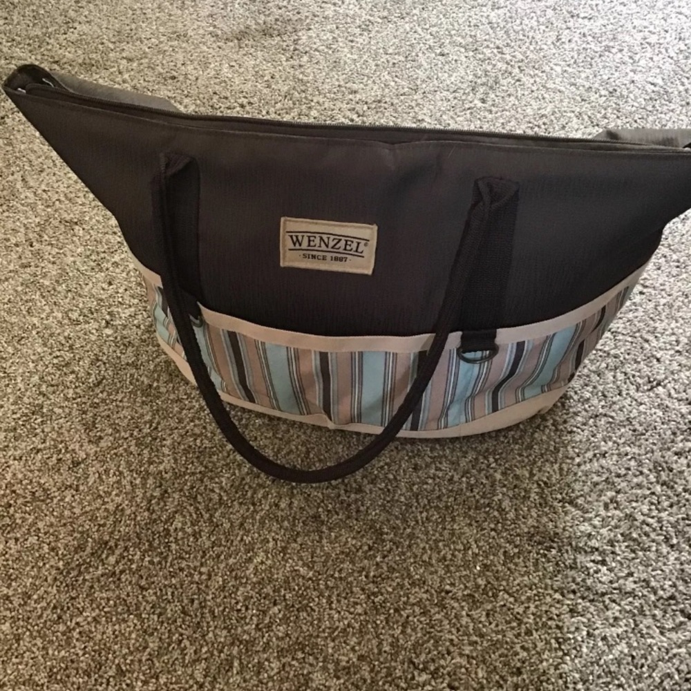 WENZEL INSULATED PICNIC BAG WITH PLATES AND UTENSILS BROWN STRIPED NWOT